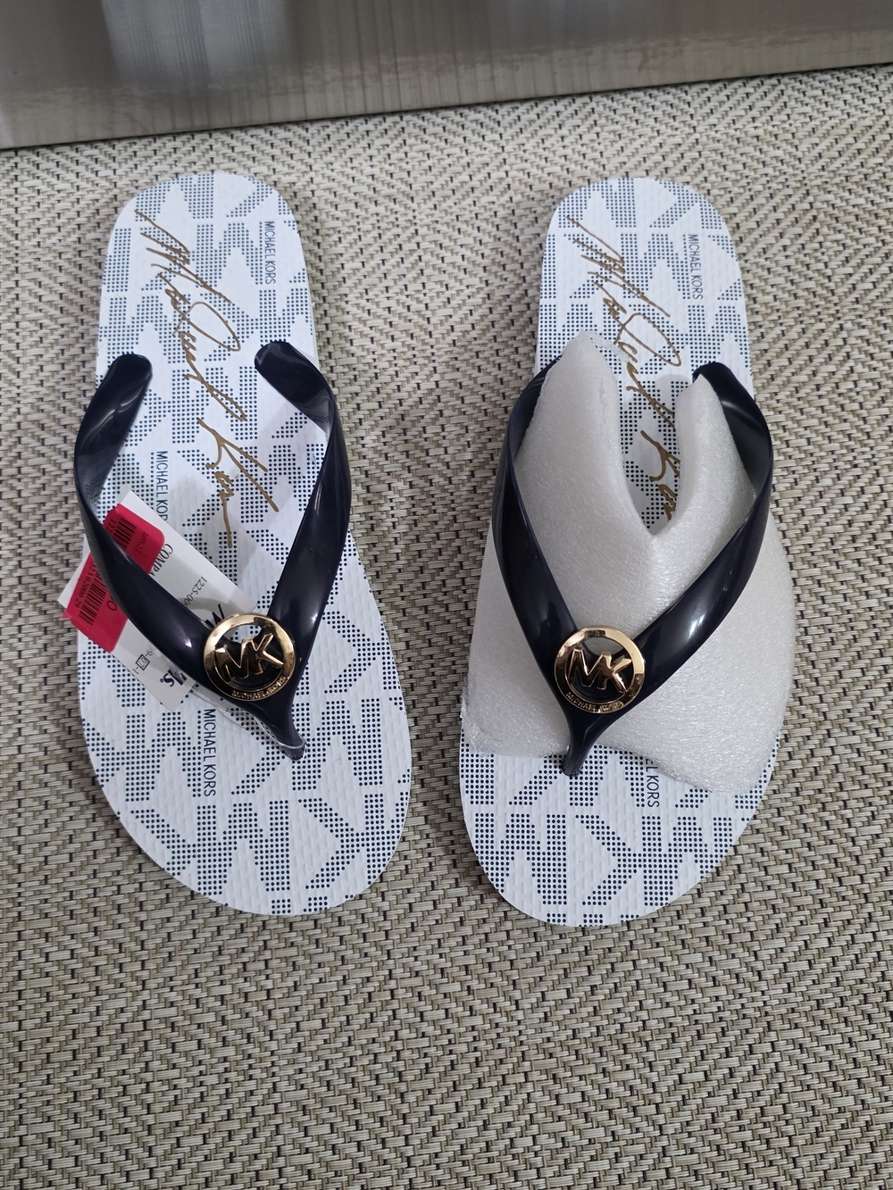 Michael Kors Navy Strappy Flip Flops with White Logo Footbed
